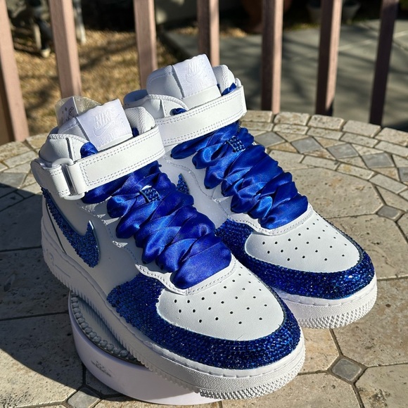 Custom Nike Air AF1 Blue Mid-Top Shoes, Rhinestone Wedding Shoes - Picture 2 of 4
